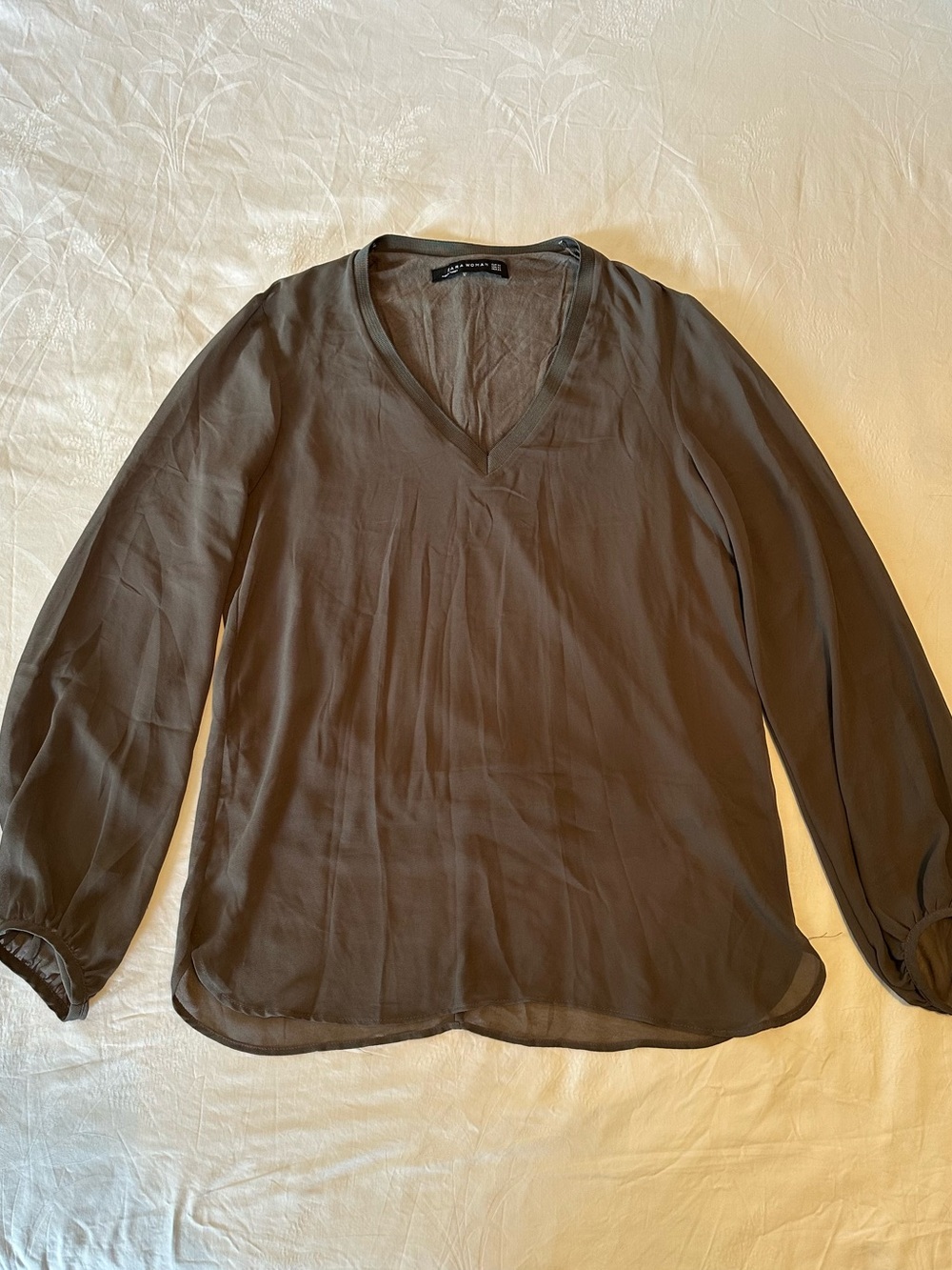 Zara Olive V-Neck Long Sleeve Blouse
